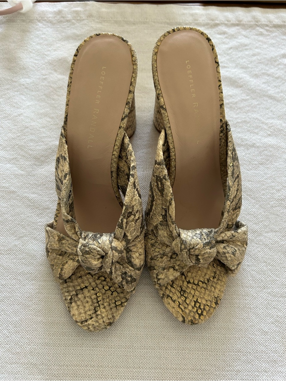 Loeffler Randall Snake-Print Knot Mules in Beige and Tan
